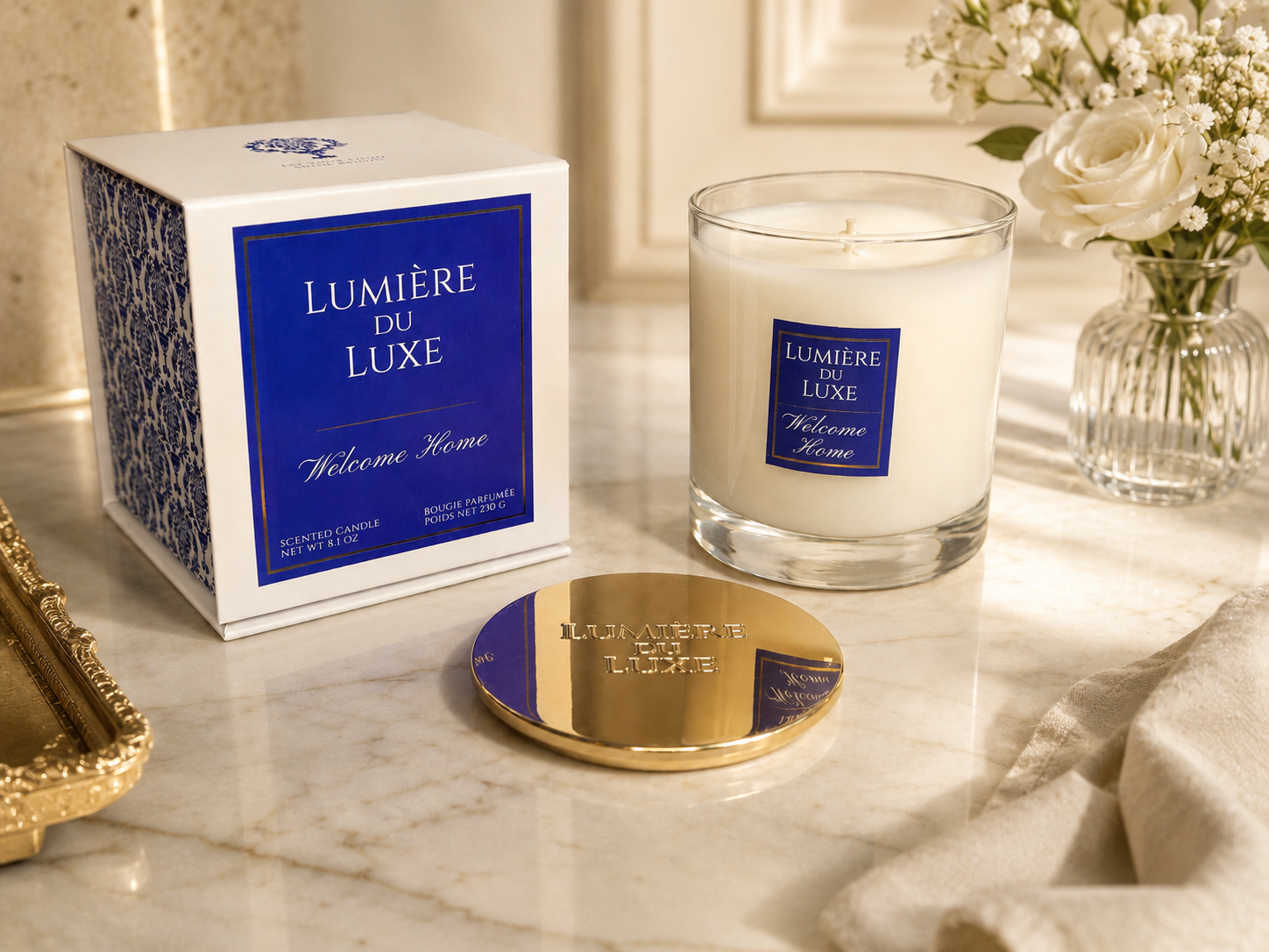 Luxury Home Fragrance Welcome Home with Gold Lid and Blue and White Box