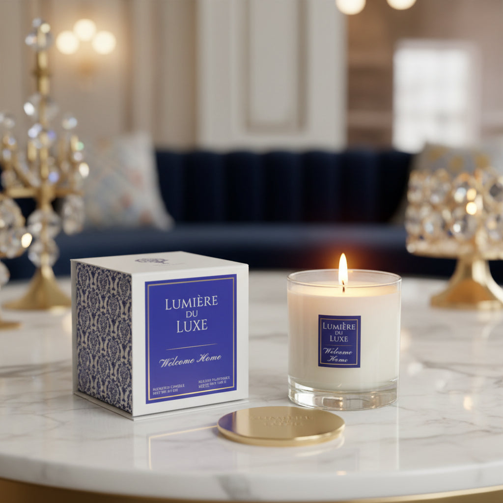 Lumiere du Luxe Welcome Home Candle on Marble table with crystals in background