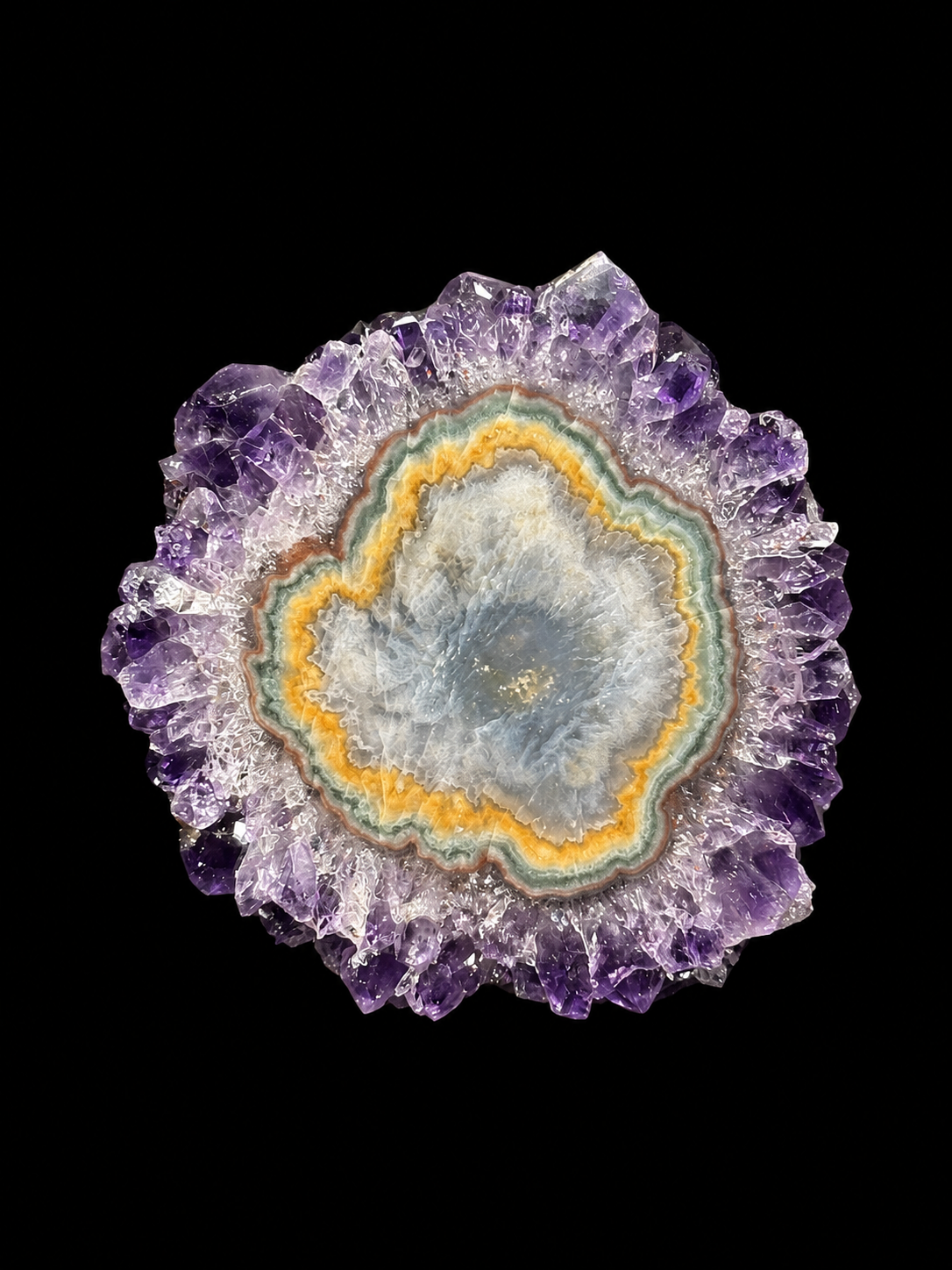 Back view of a natural polished amethyst stalactite slice shaped like a flower with purple crystal points and agate banding.