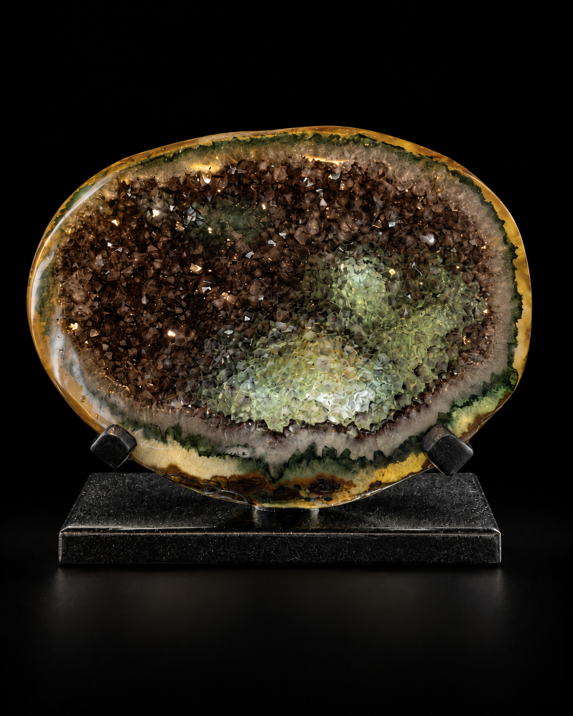 A polished geode specimen backlit illuminating the green and neutral tones of the agate and quartz displayed on a black stand against a black background.