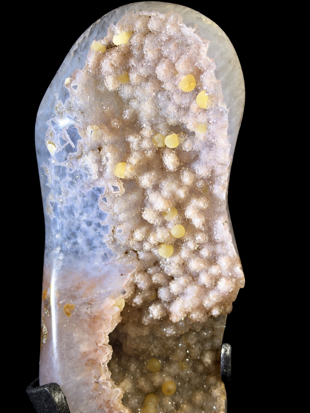 A polished agate geode specimen with a frosted, milky white crystal cavity and scattered small yellow crystal points, shown against a solid black background.