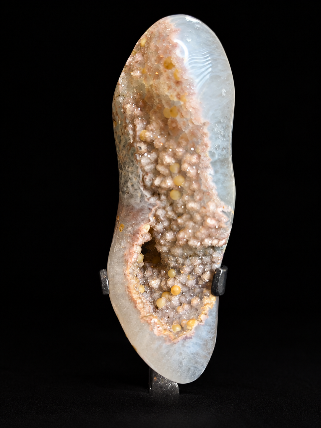 Pale agate geode with druzy crystals and calcite formations — one-of-a-kind natural crystal decor.