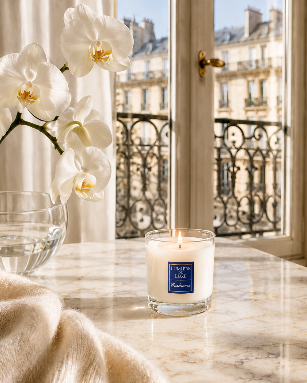 Cashmere candle with balcony and orchid