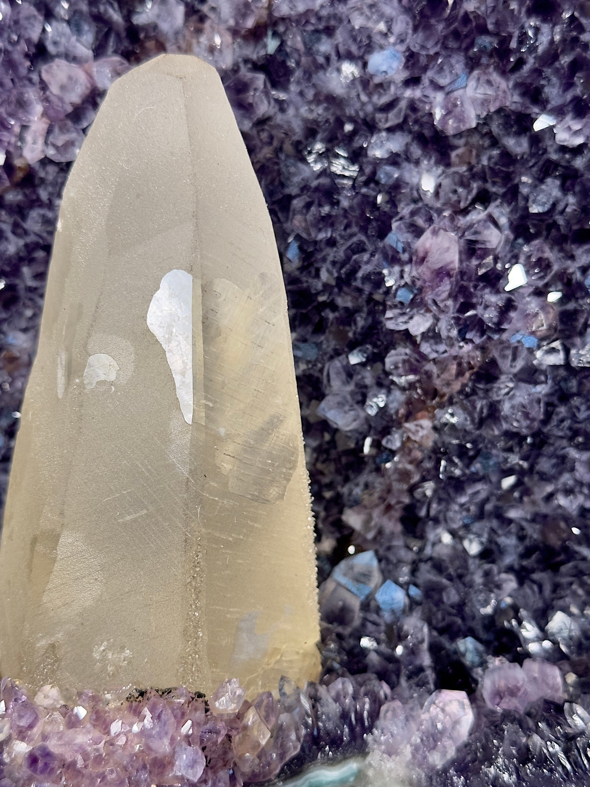 A close-up of an ivory calcite crystal point standing upright against an amethyst background of purple and lavender crystals.