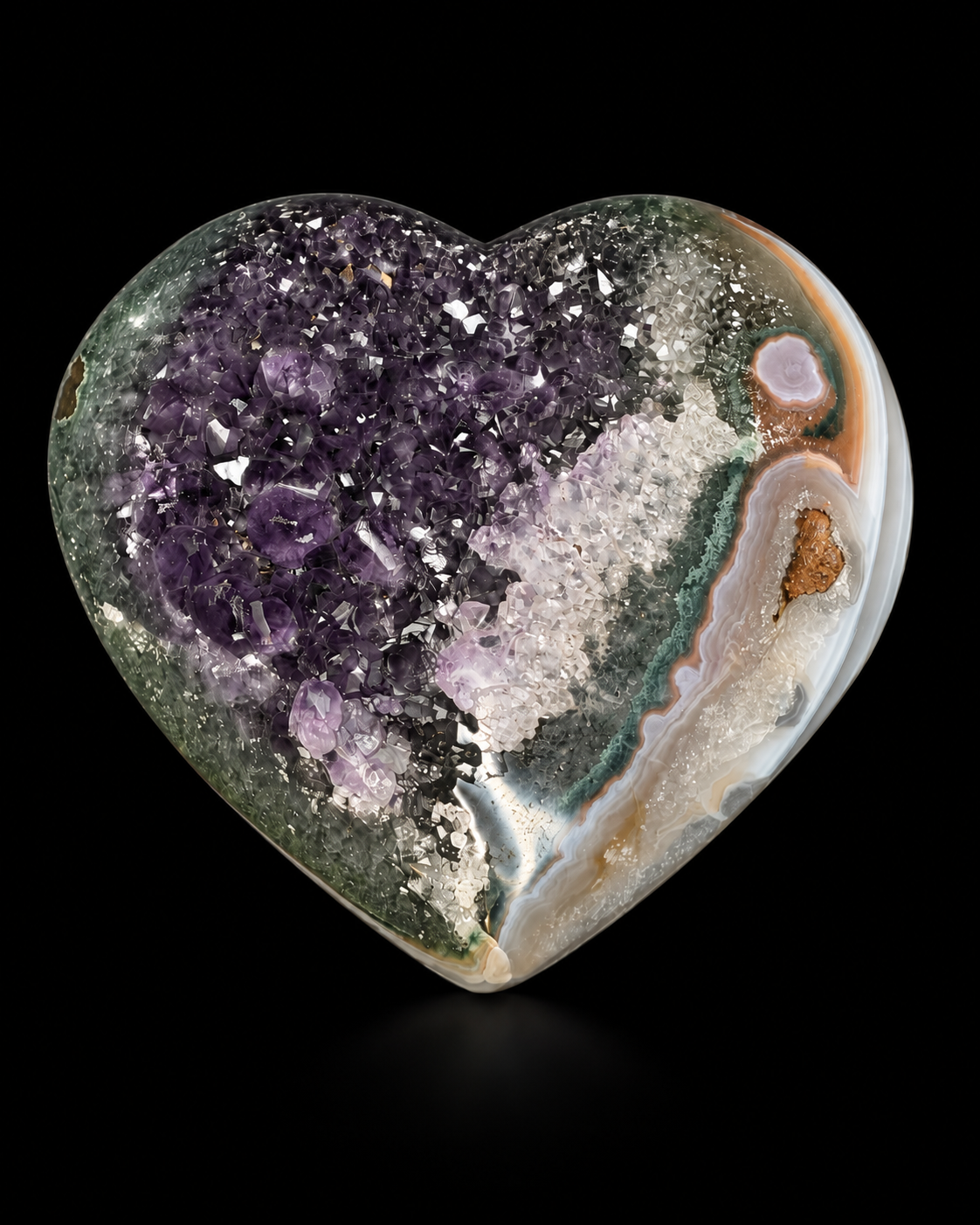 A heart-shaped polished agate stone featuring a prominent purple amethyst geode cluster on one side, layered bands of green, white, and brown agate.