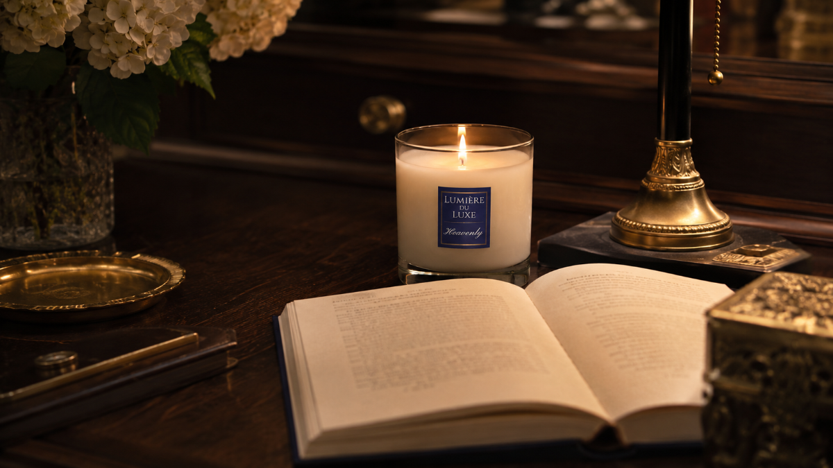 Lumiere du luxe candle with a blue Heavenly label next to an open book on a wooden table.