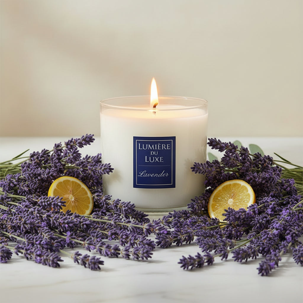 A lavender candle surrounded by lavender flowers and lemon sices