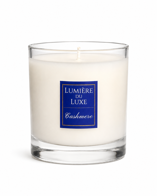 White Cashmere Lumiere du Luxe Candle with a blue label 
