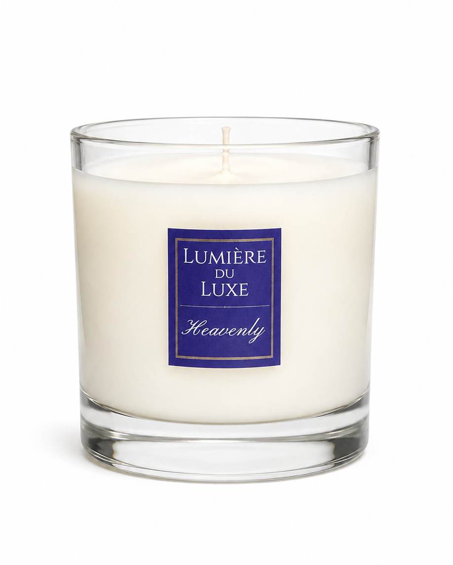 White Heavenly Candle with a 'Lumère du Luxe' label on a white background