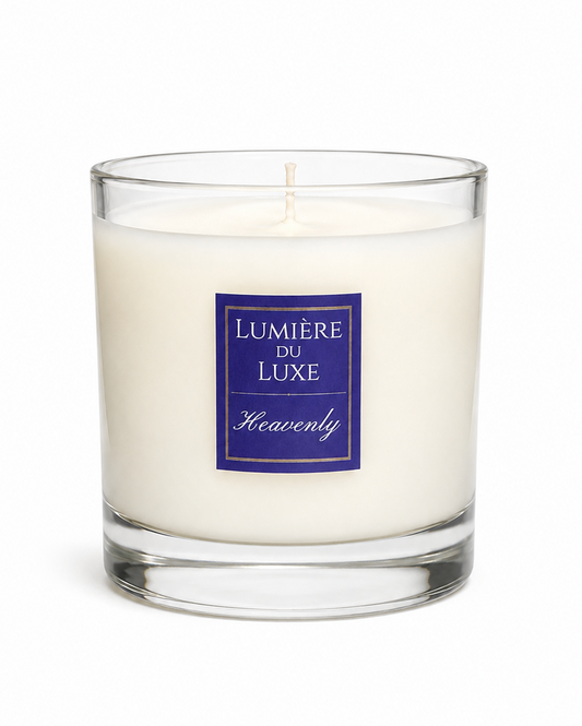 White Heavenly Candle with a 'Lumère du Luxe' label on a white background