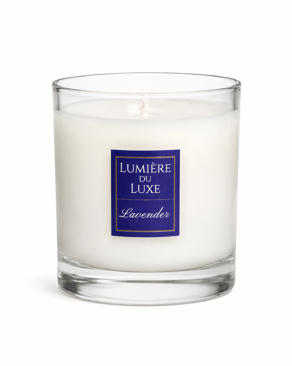 White Lavender Candle with a blue and gold 'Lumérie du Luxe' label 