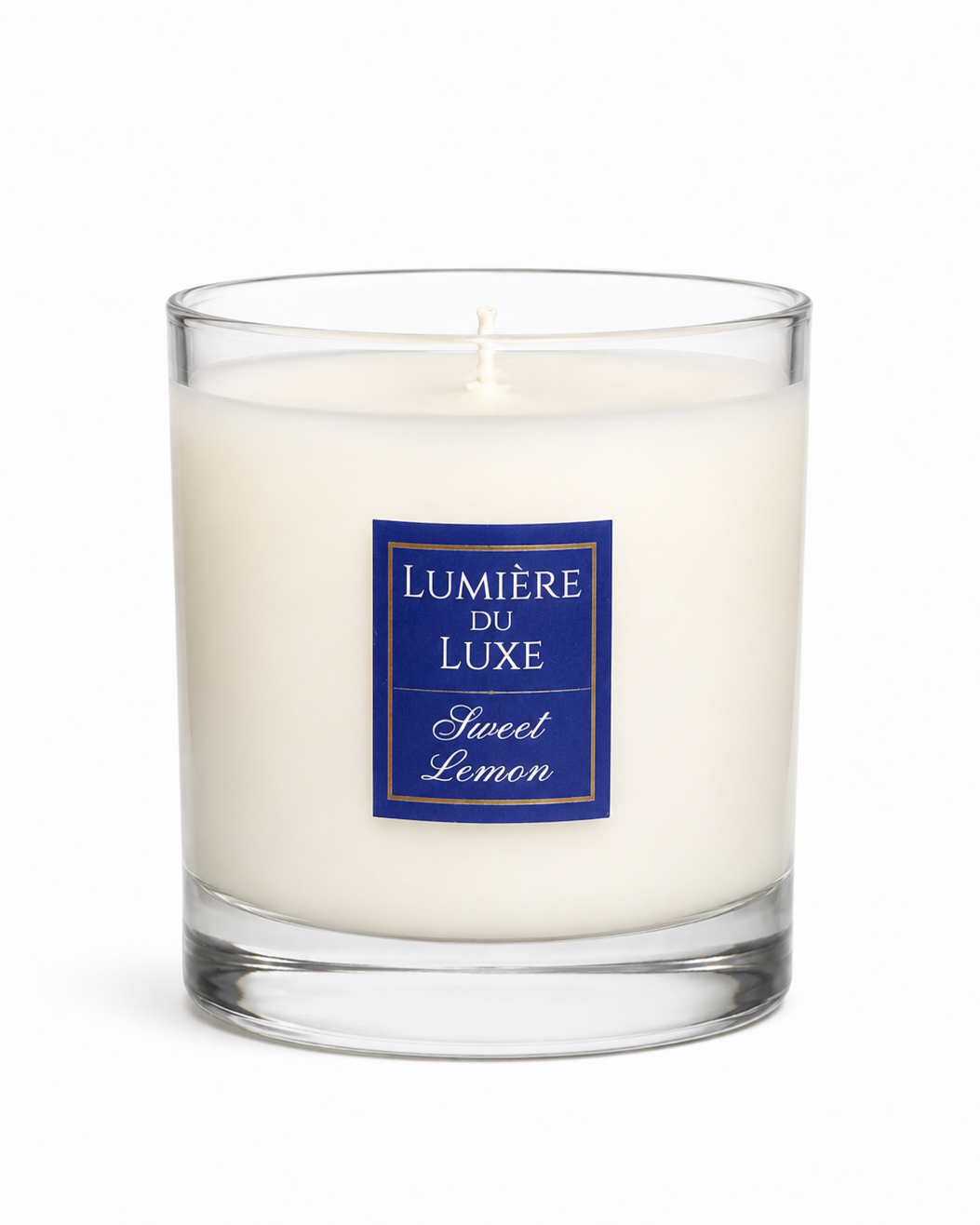 White Sweet Lemon Lumérie du Luxe candle with a blue label 