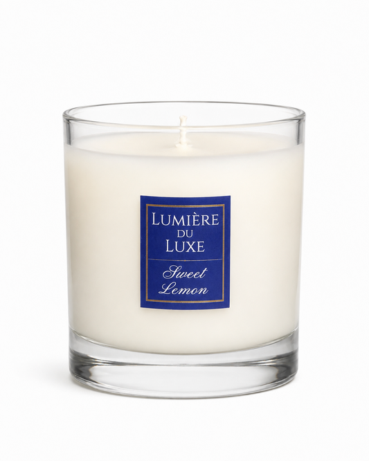 White Sweet Lemon Lumérie du Luxe candle with a blue label 