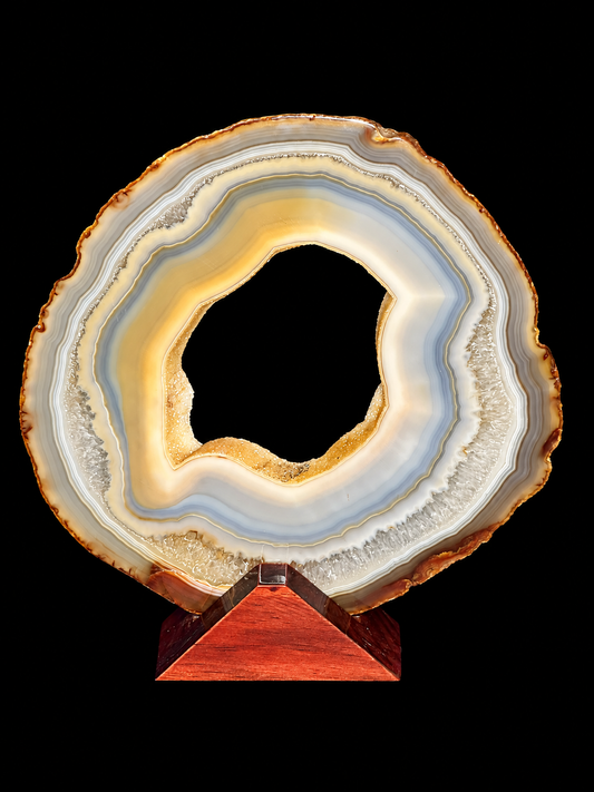 A polished rainbow agate slice with concentric bands of cream, pale blue, yellow, and brown, displayed on a triangular wooden stand against a solid black background.
