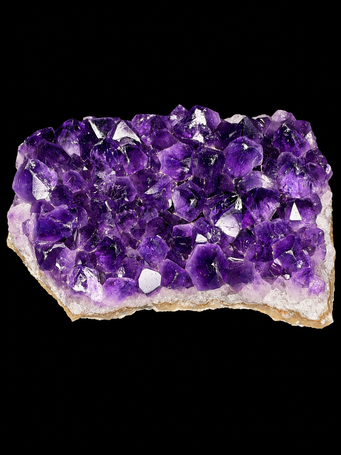 A raw amethyst crystal cluster specimen with deep purple crystalline formations rising from a beige matrix.