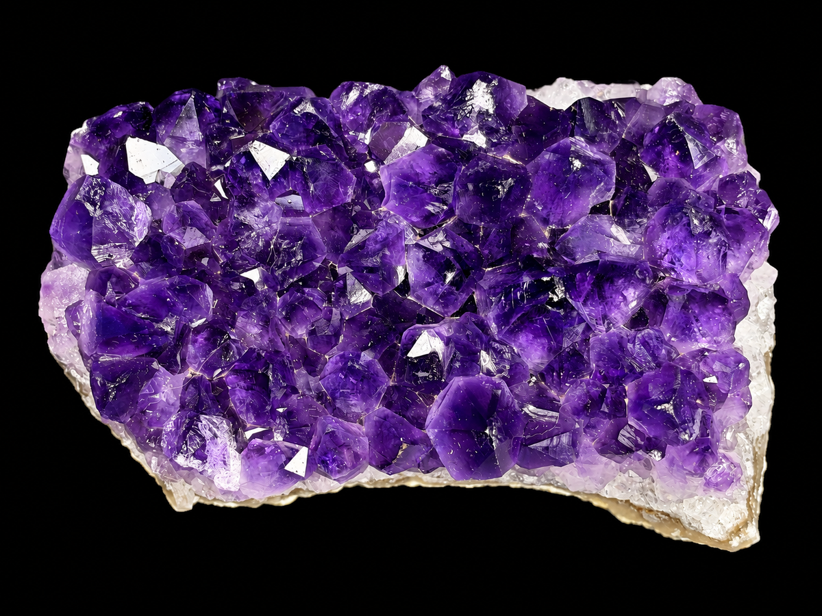 A natural amethyst crystal cluster specimen with prominent purple crystalline formations on a light beige matrix.