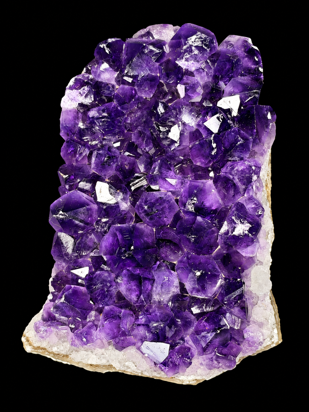 A natural amethyst crystal cluster with deep purple to violet crystalline formations rising from a white to pale beige matrix.