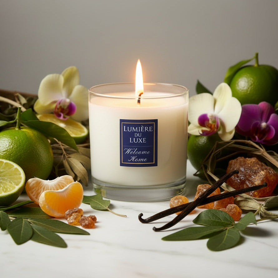 Candle surrounded by citrus and orchids with amber, and vanilla.