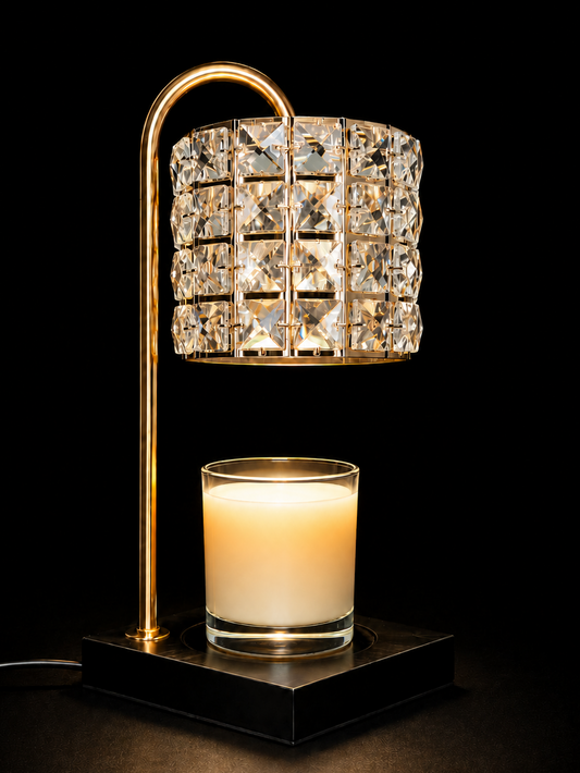Decorative wax warmer lamp with crystal shade and wickless candle on a black background