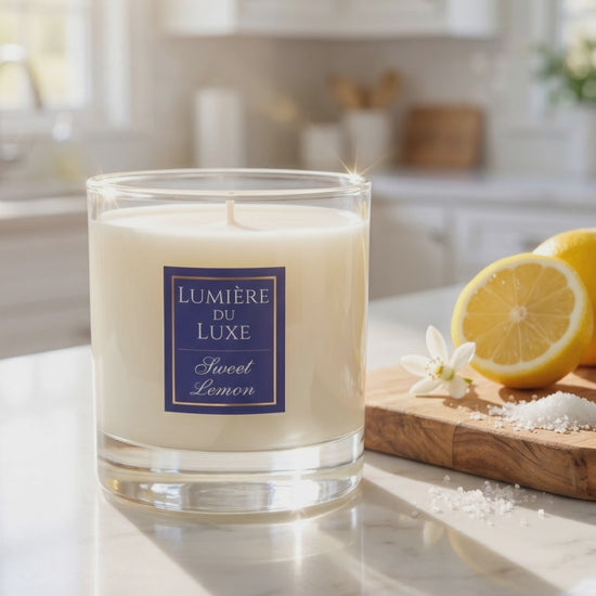 Lumiere du Luxe Sweet Lemon Candle on kitchen countertop with lemon and sugar.