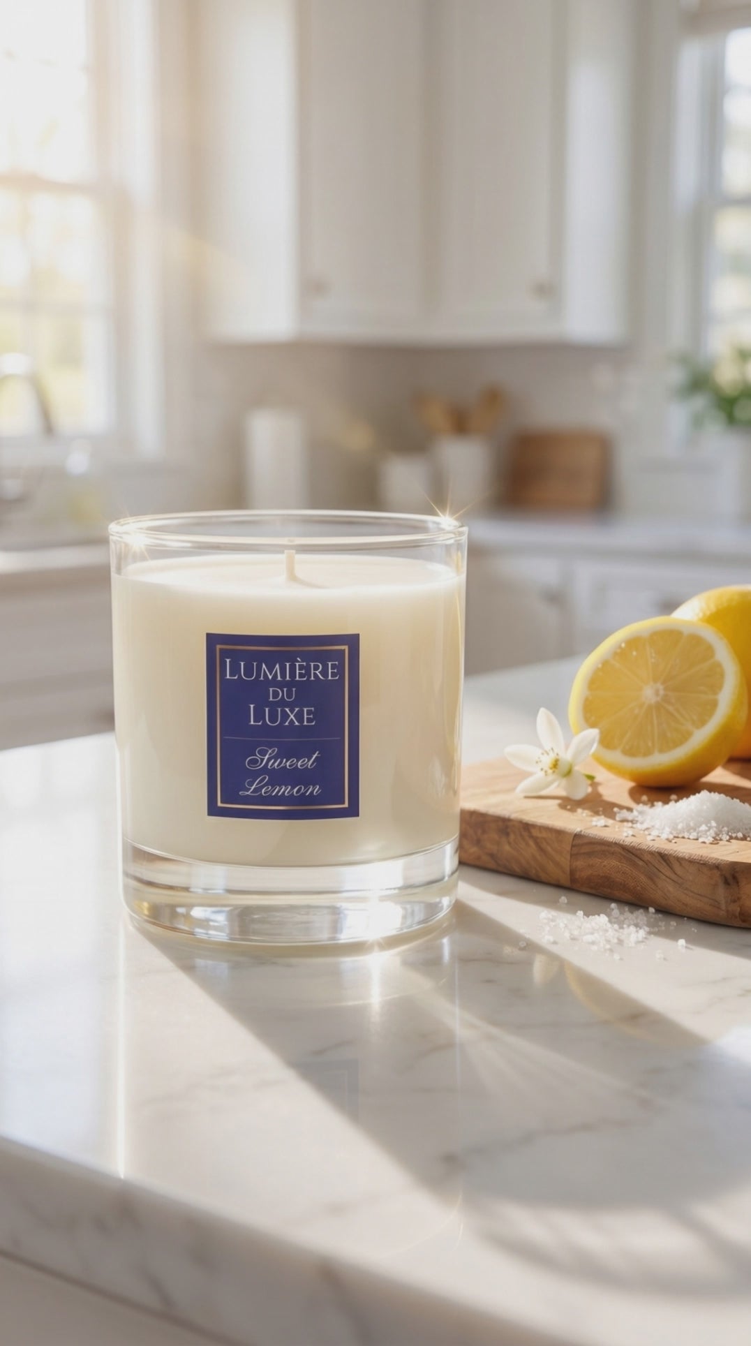 Lumiere du Luxe Sweet Lemon Candle on kitchen countertop with lemon and sugar.